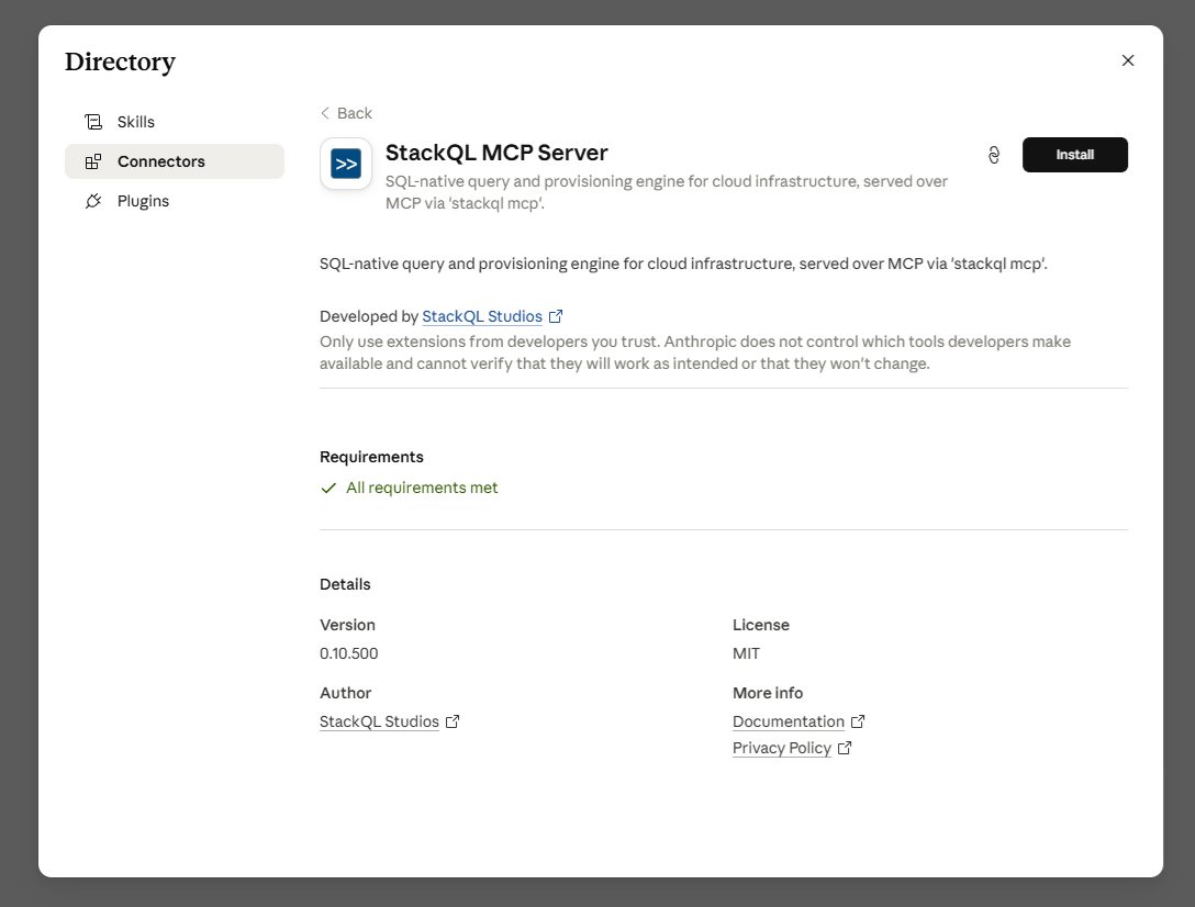 stackql anthropic mcp server directory listing